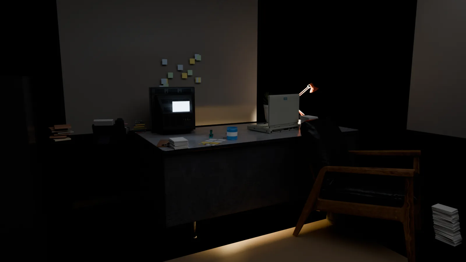 Première version du rendu : l'écran du téléviseur CRT est un rectangle blanc surexposé face à la caméra