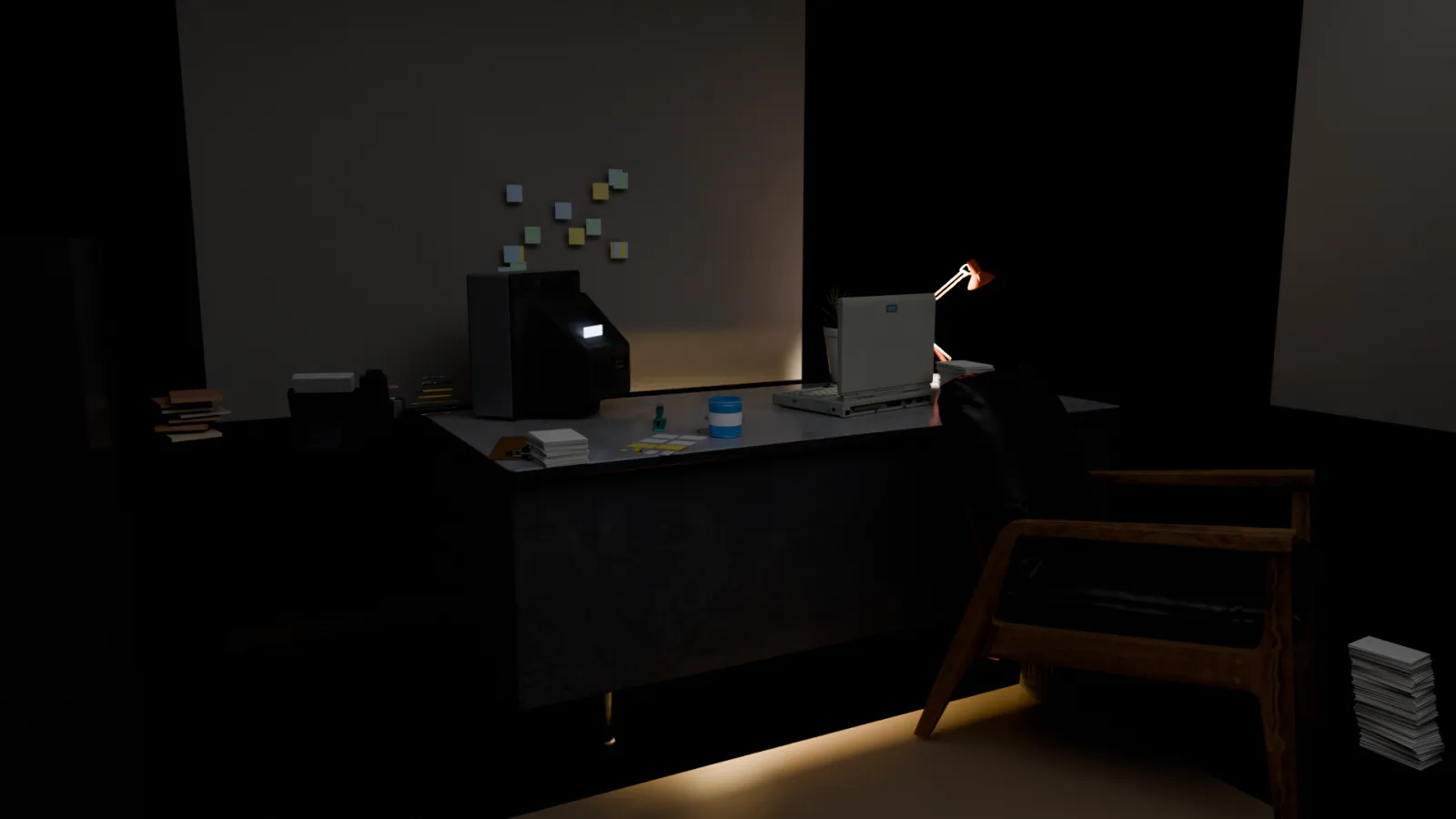 Rendu 3D d'un bureau de nuit généré par un agent IA